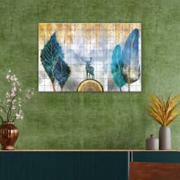 Colorful illustration of feathers, deer and leaves